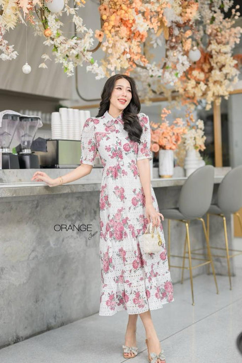 Orange Collar Floral Print Half Sleeves Mid-Length Dresses